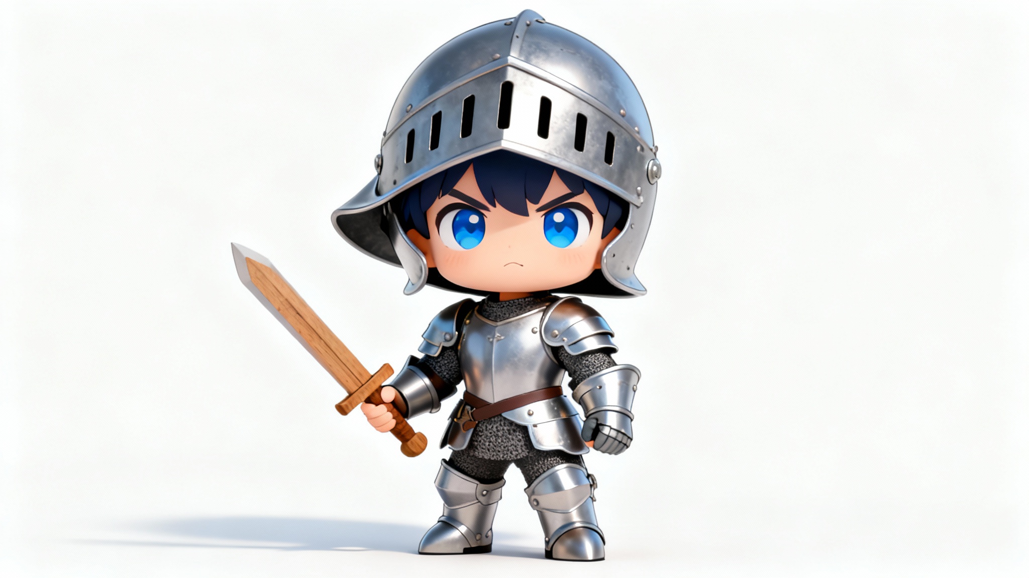 A cute digital illustration of a tiny chibi knight in oversized armor, holding a small sword against a plain white background.