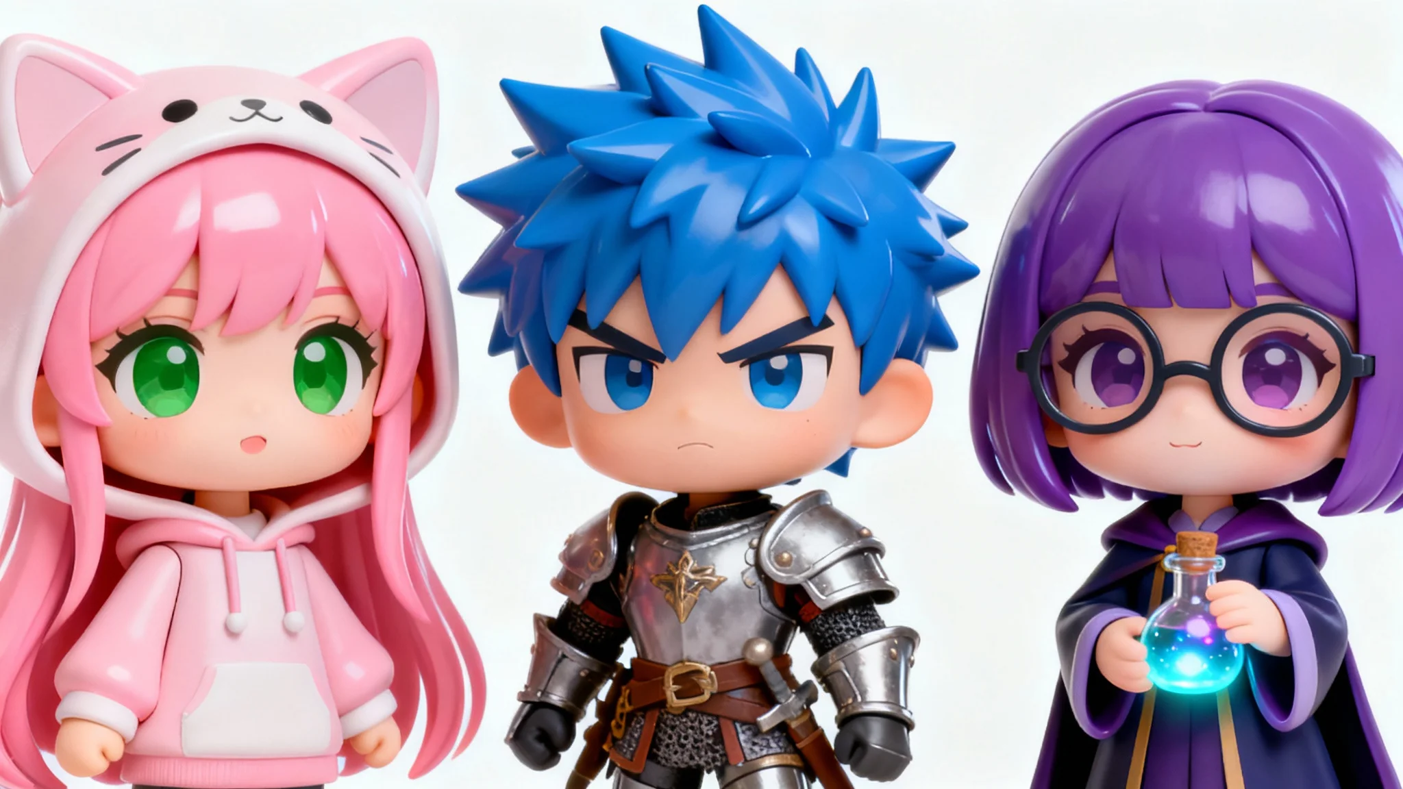 Three distinct chibi-style characters standing in a row on a white background: a girl with pink hair and cat ears, a boy in knight armor, and a girl in a wizard robe.