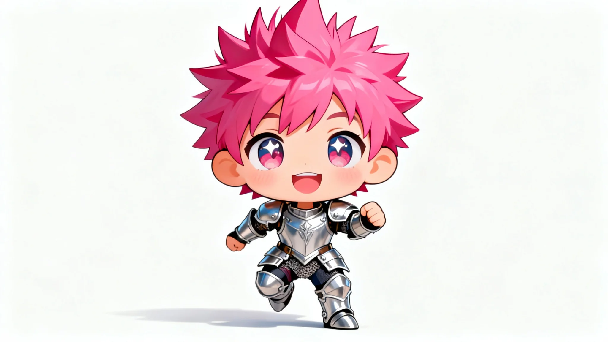 A cute and vibrant chibi character with pink hair and silver armor, smiling and posing playfully against a clean white background.