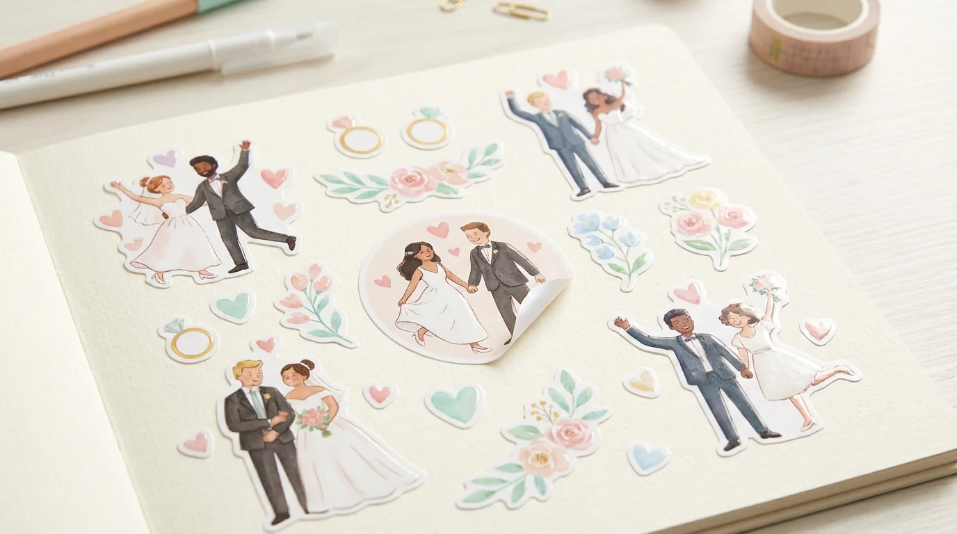 A collection of whimsical, die-cut bride and groom stickers featuring diverse couples, artfully arranged on a cream-colored scrapbook page to showcase the final product.