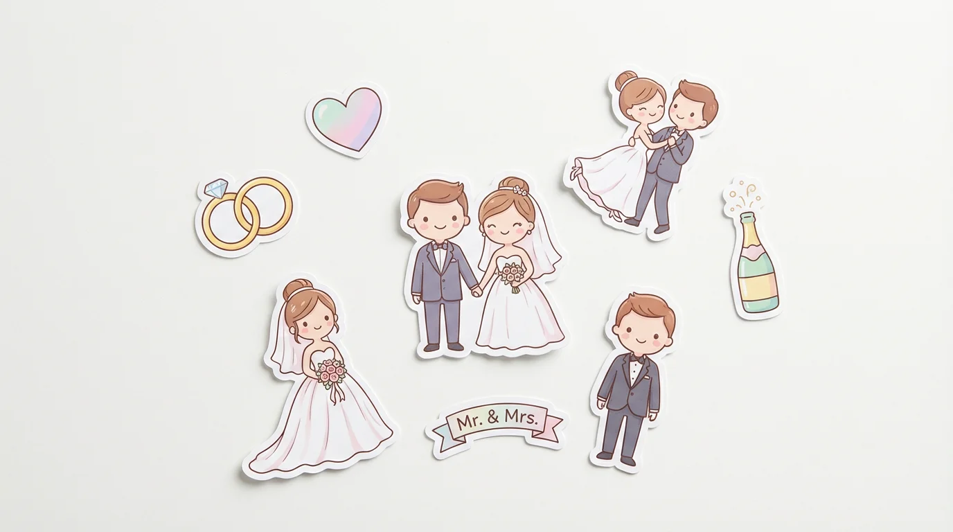 A collection of cute, cartoon-style wedding stickers featuring a bride and groom, wedding rings, and a 'Mr. & Mrs.' banner, scattered on a white background.