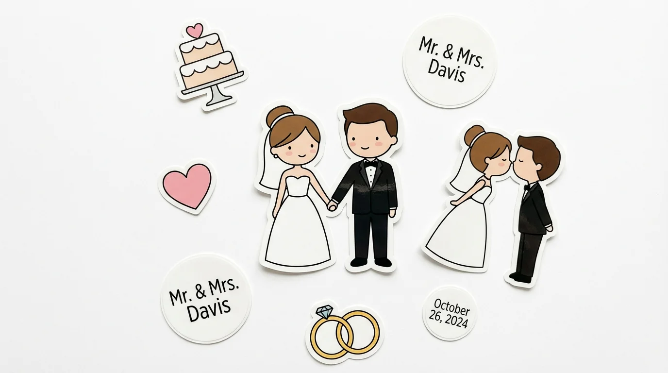 A collection of cute, cartoon-style bride and groom wedding stickers arranged on a white background, perfect for a wedding.