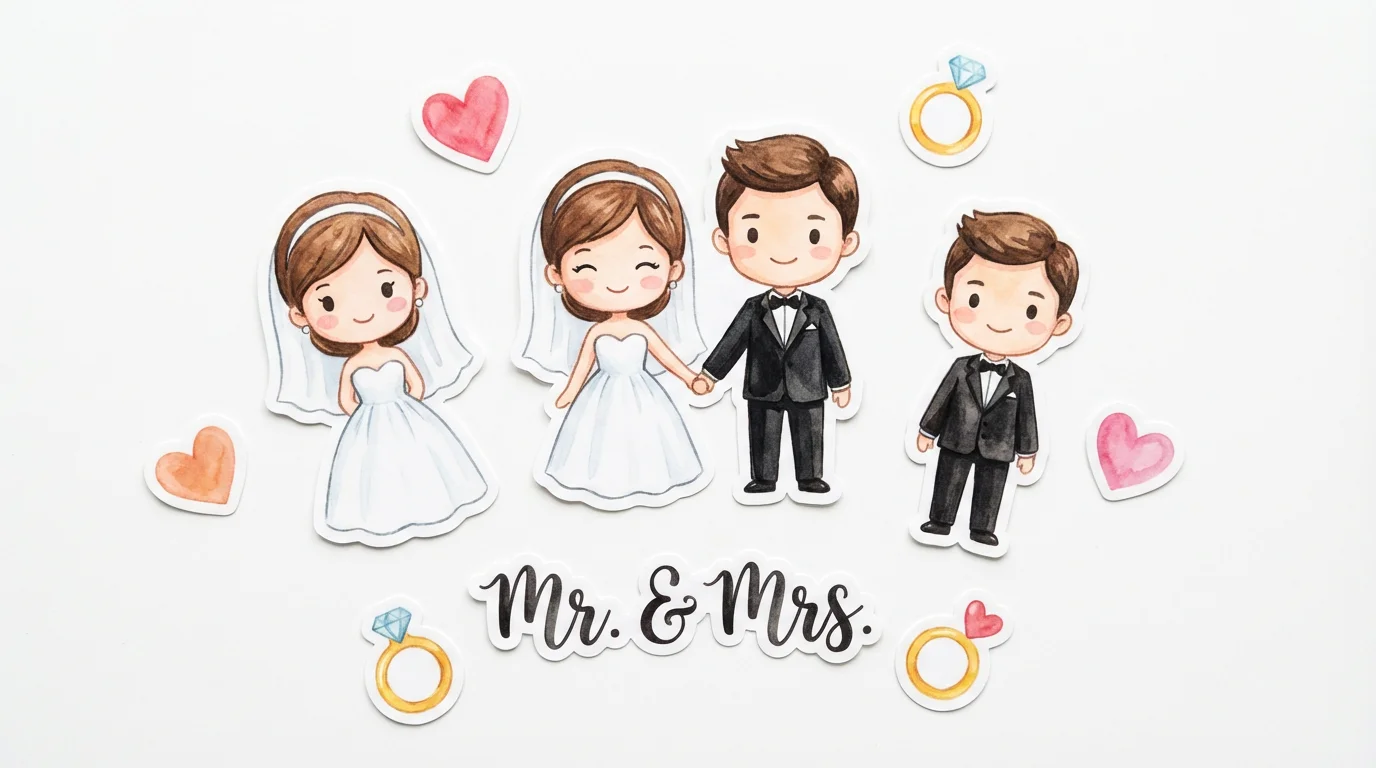 A collection of cute, cartoon-style wedding stickers featuring a bride and groom, hearts, rings, and the text 'Mr. & Mrs.', displayed on a white background.