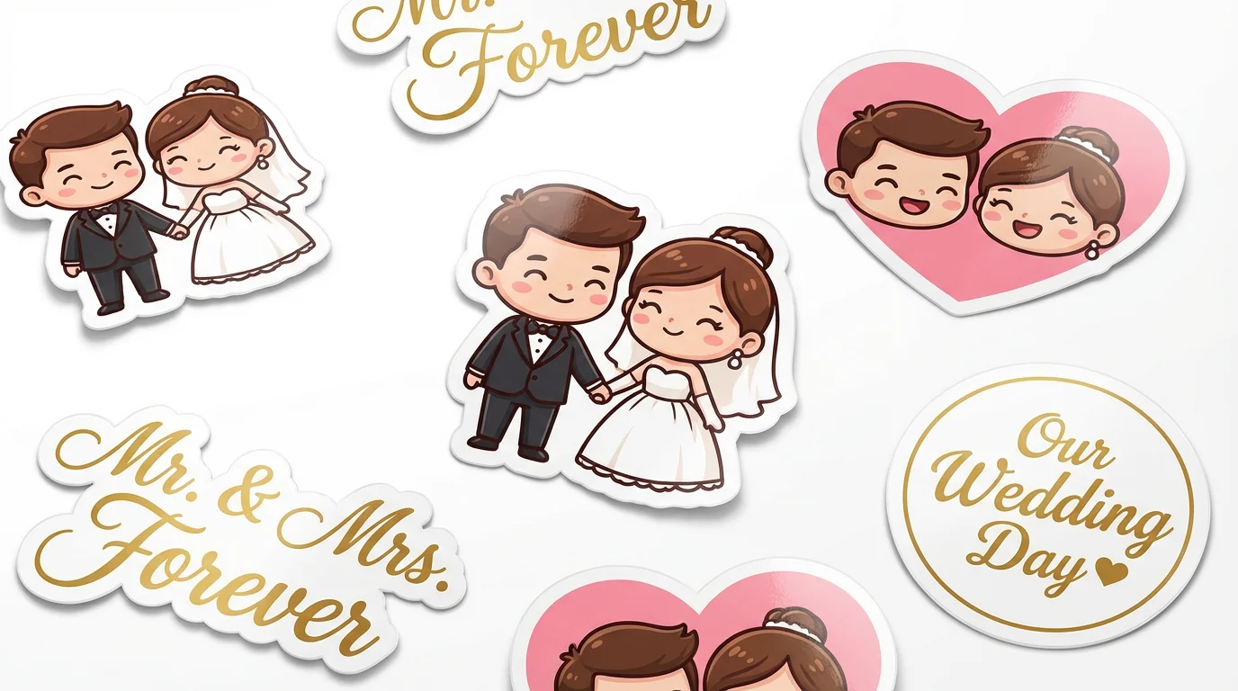 A collection of cute, cartoon-style wedding stickers featuring a bride and groom, wedding-related text, and hearts, displayed on a clean white background.