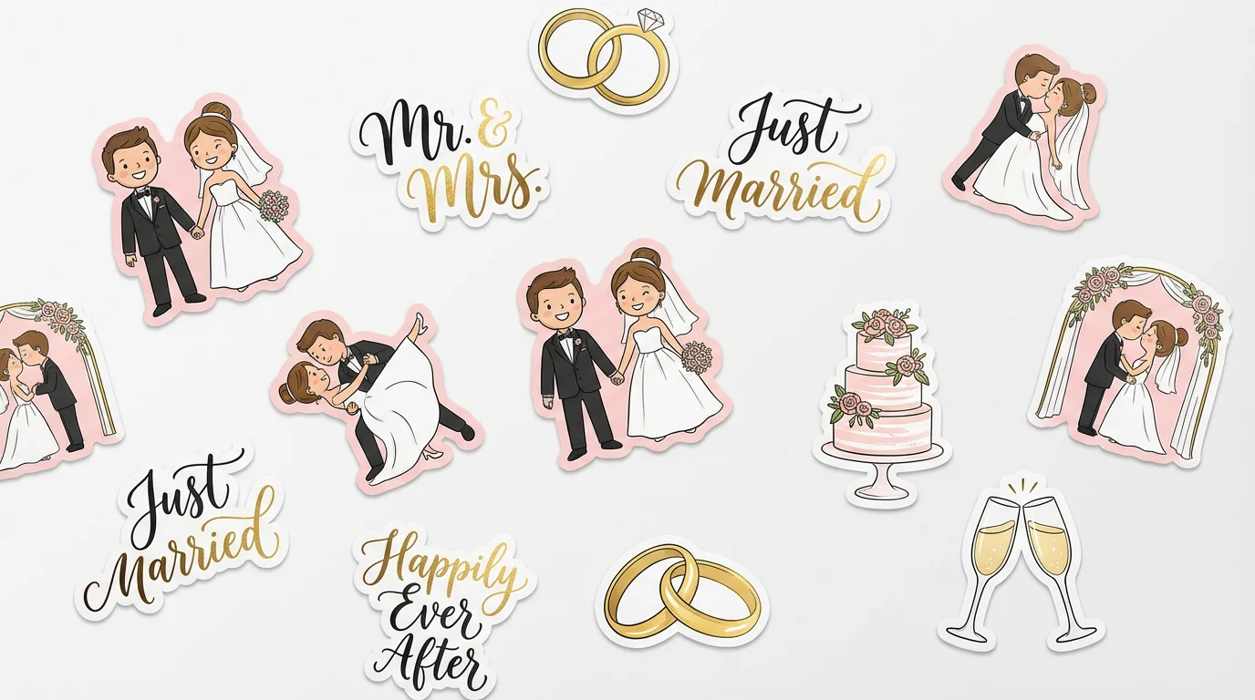 A collection of cute bride and groom wedding stickers, including illustrations and text like 'Just Married', displayed on a white background.