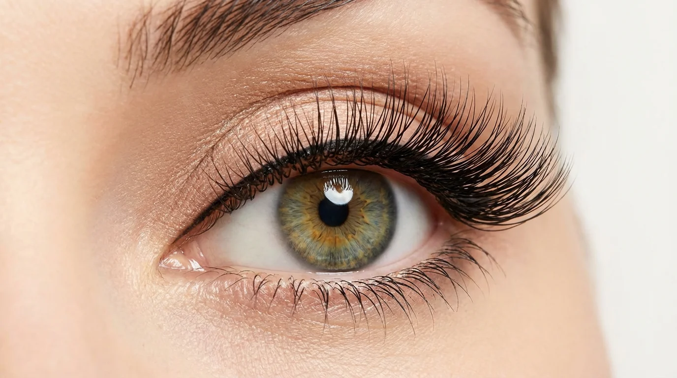 A glamorous hero image showing a close-up of an eye after using an eyelash enhancement tool. The eyelashes are long, thick, and perfectly curled, highlighted by subtle makeup against a soft background.