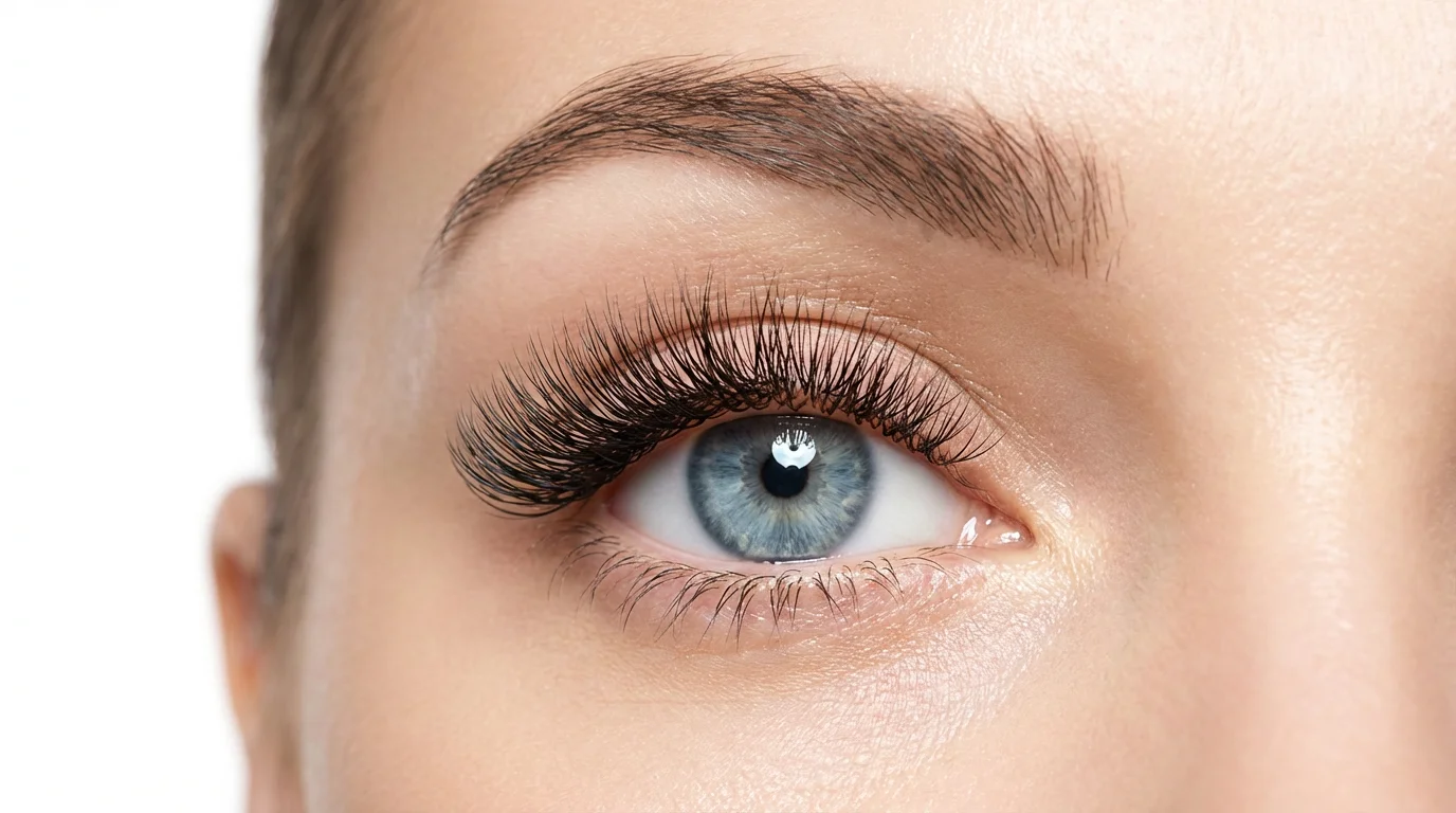 An extreme close-up macro photograph of a woman's eye with very long, full, and dark eyelashes, demonstrating the results of an eyelash enhancement treatment, set against a plain white background.