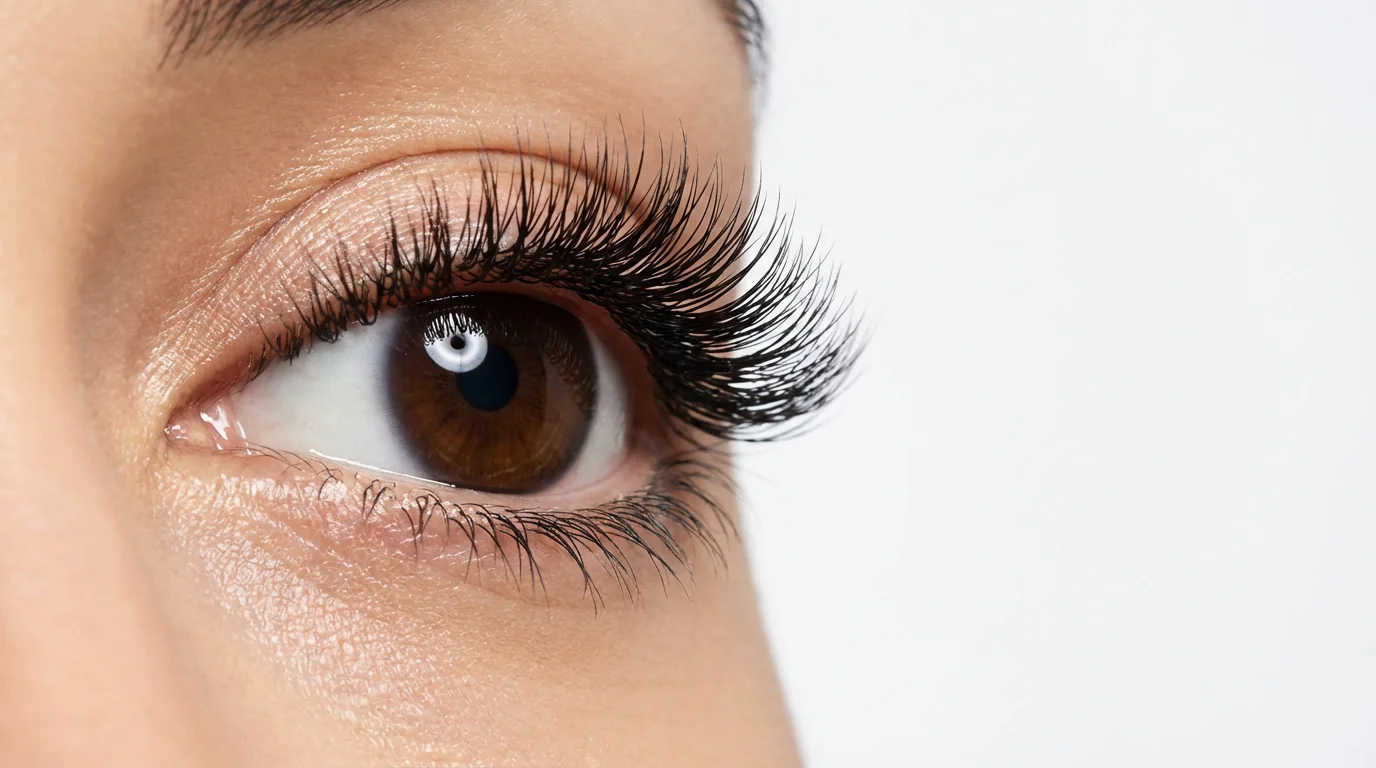 An extreme close-up photograph of a woman's eye with very long, thick, and perfectly curled eyelashes against a stark white background, demonstrating the result of an eyelash enhancement.