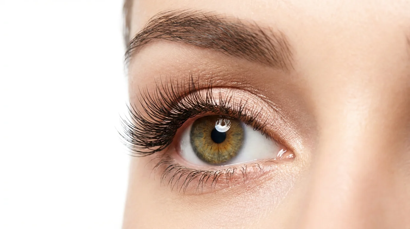 A close-up macro photograph of a woman's eye with remarkably long and full eyelashes, demonstrating the effect of an eyelash enhancement product against a plain white background.