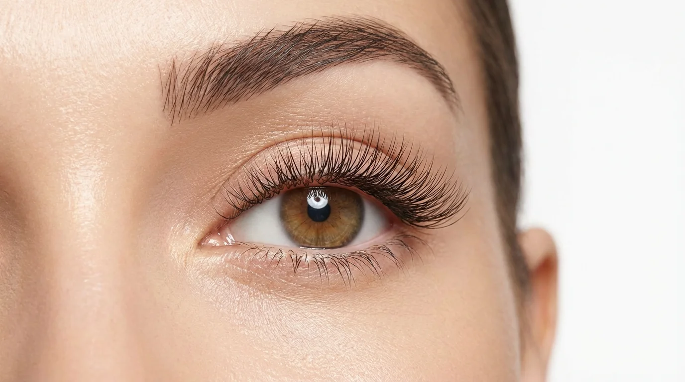 A close-up macro photograph of a woman's eye with incredibly long, full, and perfectly curled eyelashes, demonstrating the results of an eyelash enhancement treatment against a white background.