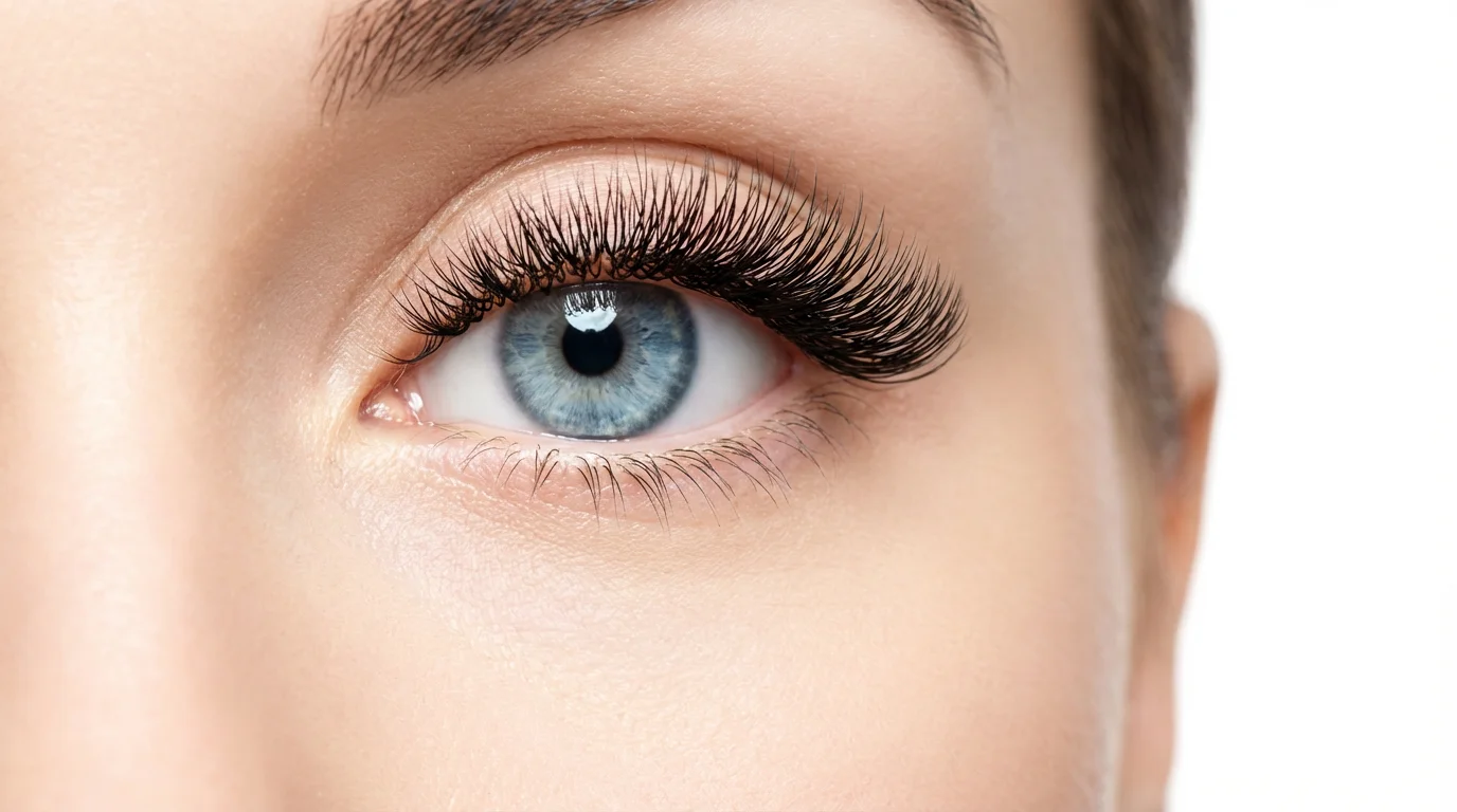 An extreme close-up macro shot of a woman's eye with very long, thick, and curled eyelashes, demonstrating the effect of an eyelash enhancement product against a clean white background.