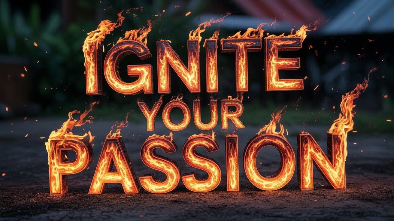 A professionally designed image showing the words 'Ignite Your Passion' rendered in realistic, roaring fire and sparks against a dark background, representing the output of a fire text generator.