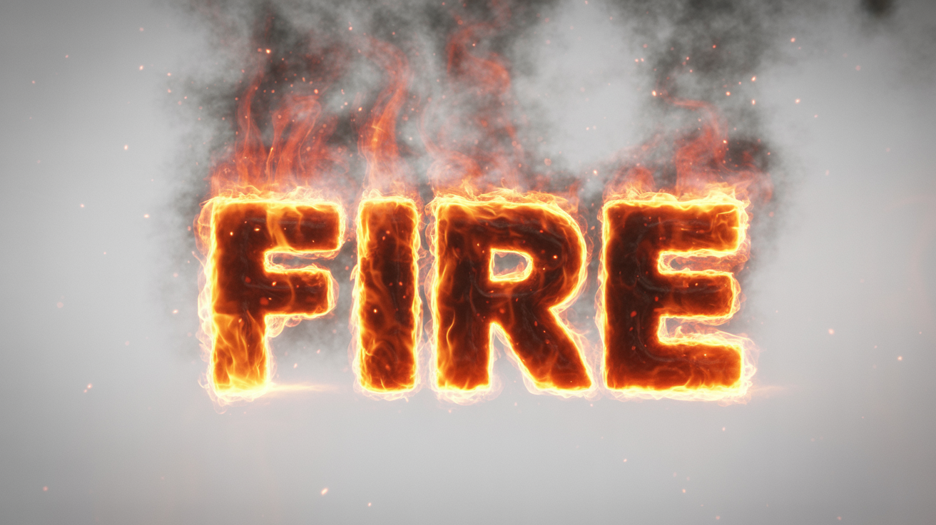The word 'FIRE' is shown entirely engulfed in realistic, vibrant orange and red flames with sparks flying off, set against a plain white background.