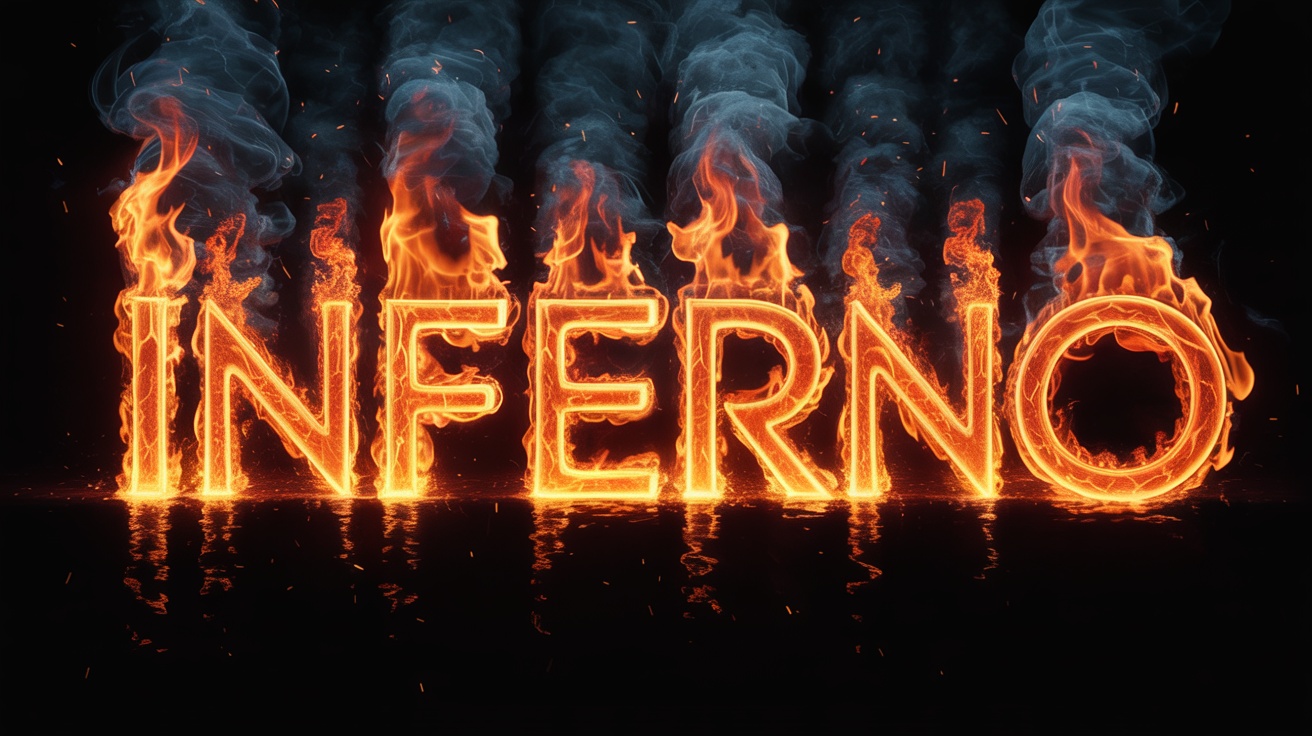 The word 'INFERNO' is depicted in fiery letters, with realistic flames, sparks, and smoke, set against a stark white background to emphasize the effect.