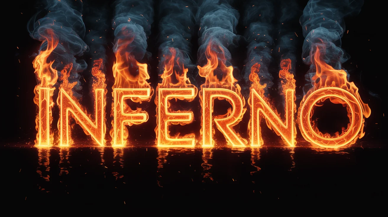 The word 'INFERNO' is depicted in fiery letters, with realistic flames, sparks, and smoke, set against a stark white background to emphasize the effect.