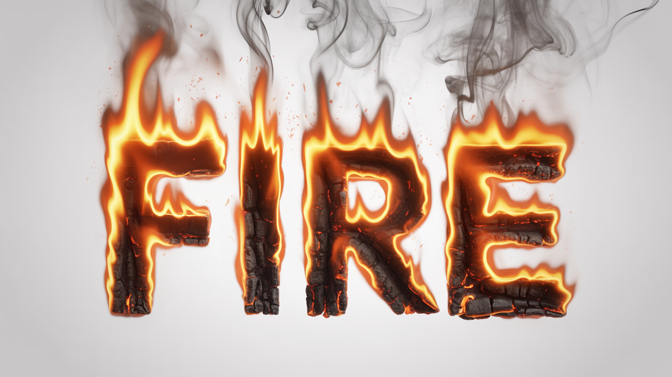 The word 'FIRE' depicted as if it's made of realistic, burning flames with smoke and embers, set against a stark white background.