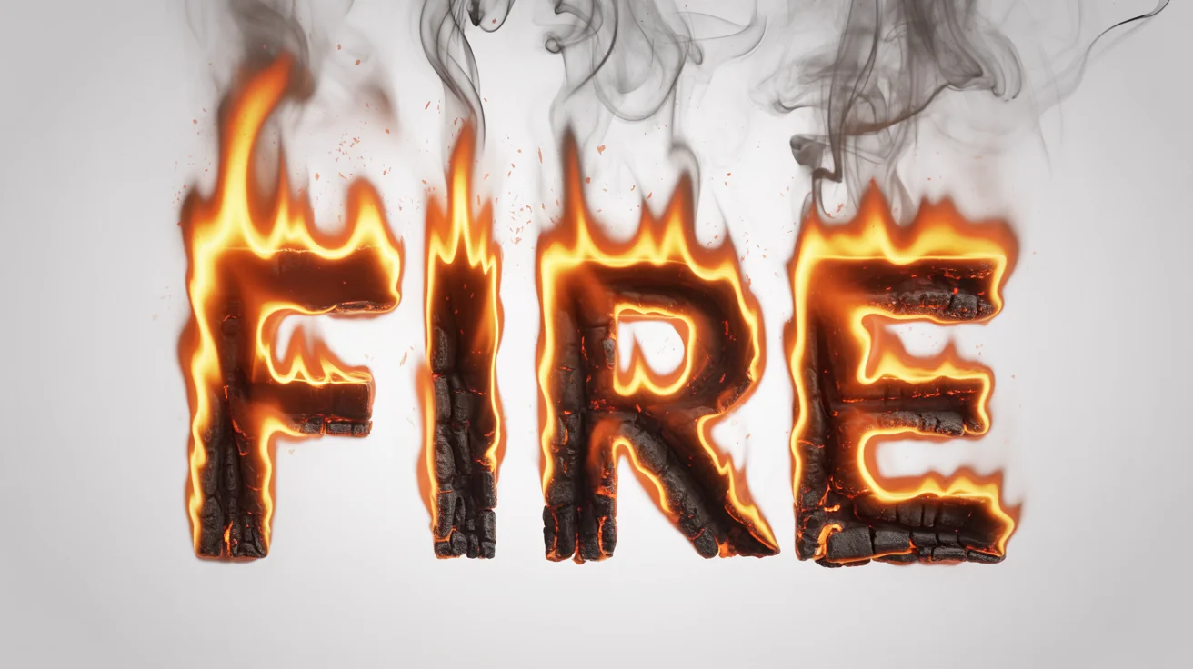 The word 'FIRE' depicted as if it's made of realistic, burning flames with smoke and embers, set against a stark white background.