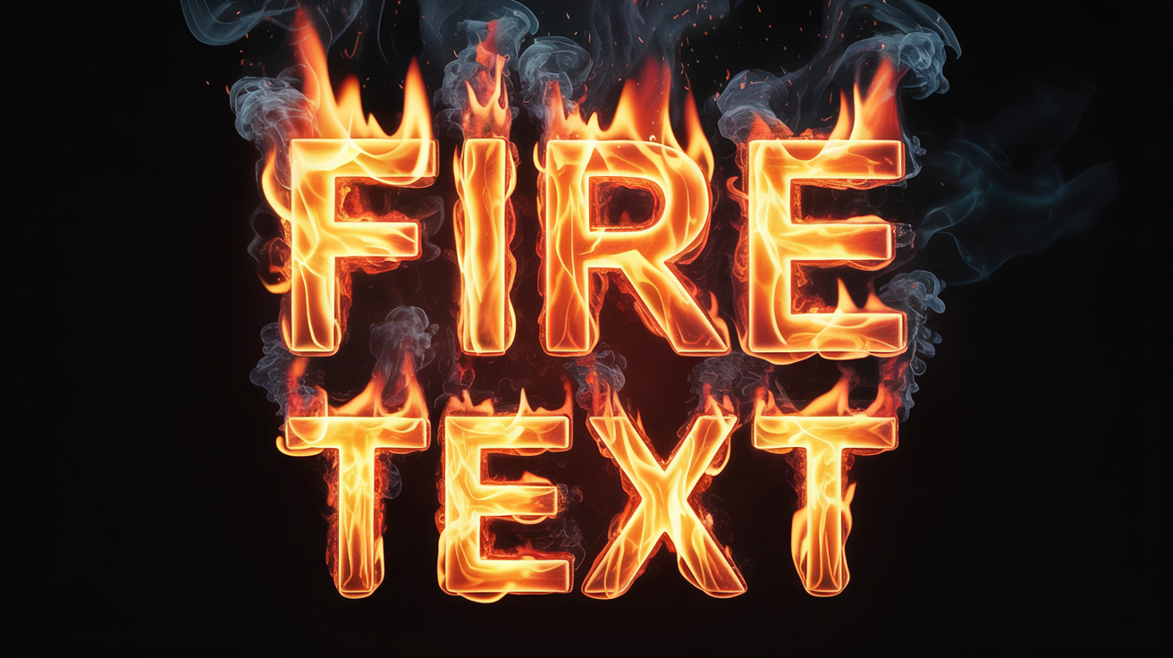 The words 'FIRE TEXT' are shown burning in realistic, vibrant orange and yellow flames against a dark background, creating a dramatic and fiery effect.