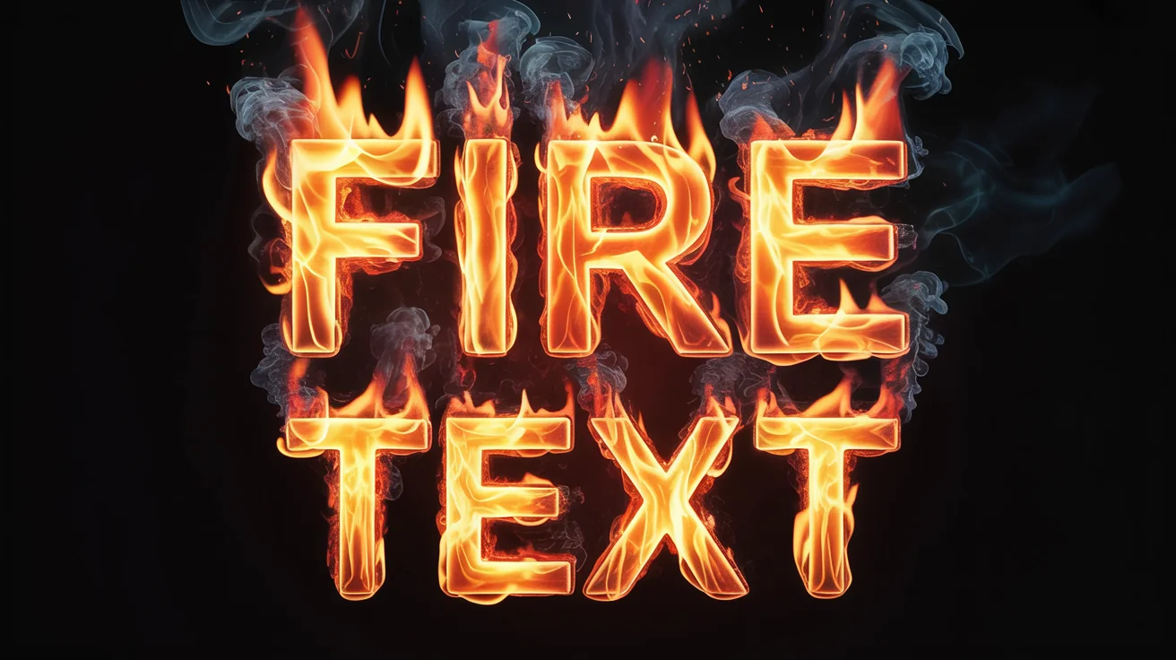 The words 'FIRE TEXT' are shown burning in realistic, vibrant orange and yellow flames against a dark background, creating a dramatic and fiery effect.