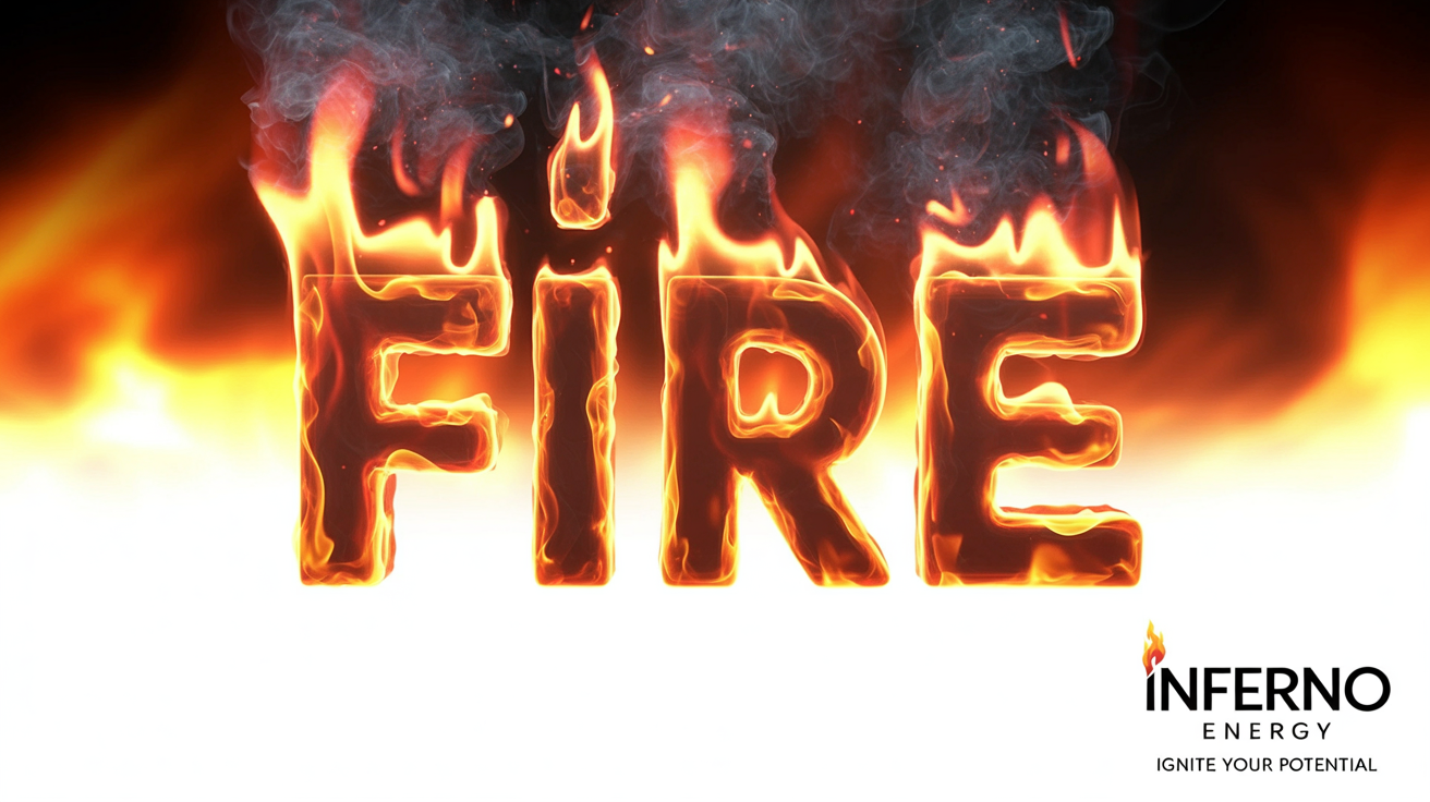 The word FIRE rendered in realistic, bright orange and yellow flames, with sparks and smoke, set against a plain white background.