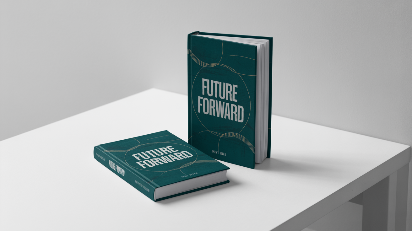 A professional mockup of two hardcover books with a modern teal and gold cover design titled 'FUTURE FORWARD', displayed in a clean studio setting.