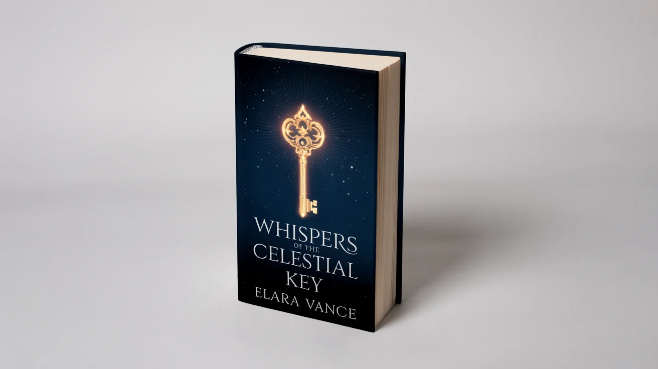 A photorealistic mockup of a hardcover fantasy novel titled 'Whispers of the Celestial Key' with a cosmic-themed cover, standing on a plain white background.