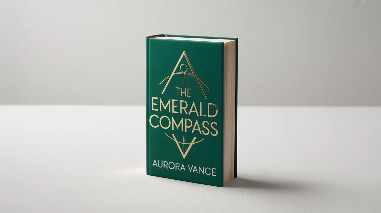 A photorealistic mockup of a paperback book with a dark green cover, standing on a white background. The cover features the title 'The Emerald Compass' and an author name in gold and white text.