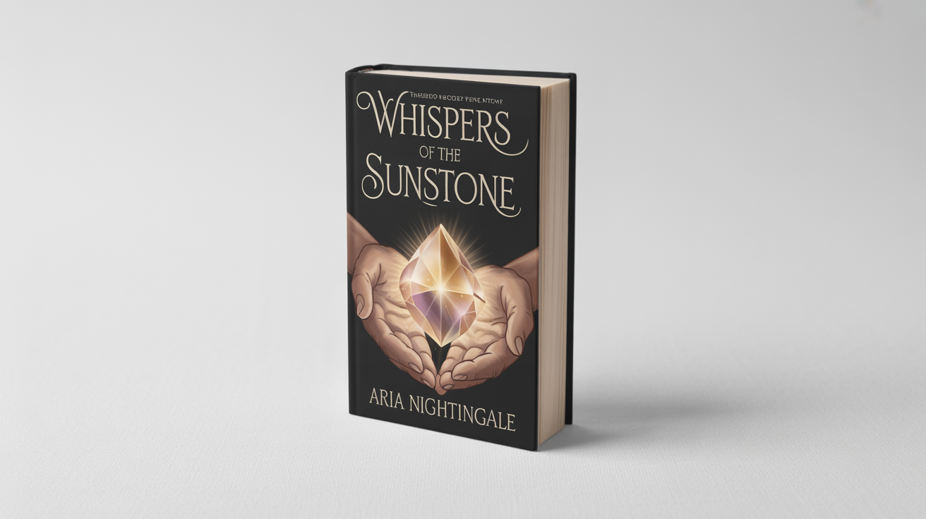 A professional mockup of a hardcover fantasy book titled 'Whispers of the Sunstone' by Aria Nightingale, standing upright against a plain white background.