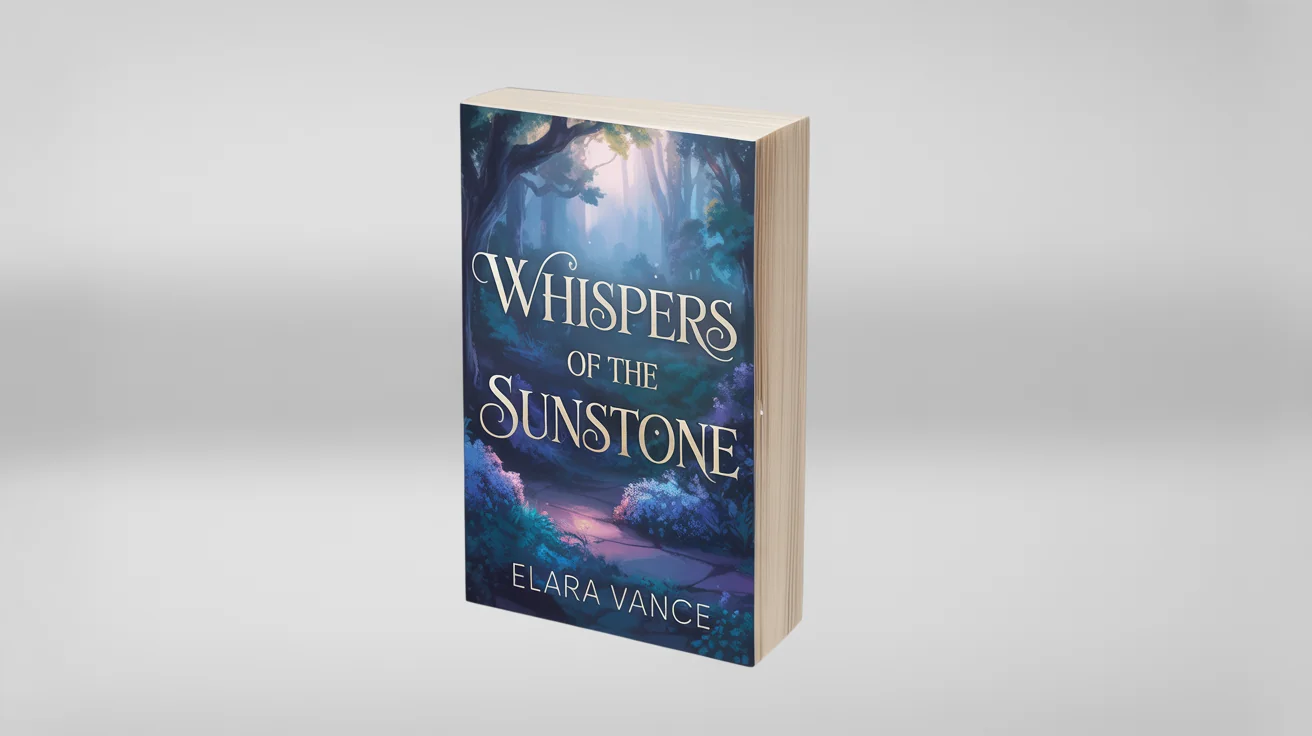 Photorealistic mockup of a fantasy paperback book titled 'Whispers of the Sunstone' by Elara Vance, standing upright on a clean white background. The cover features an enchanted forest at twilight.
