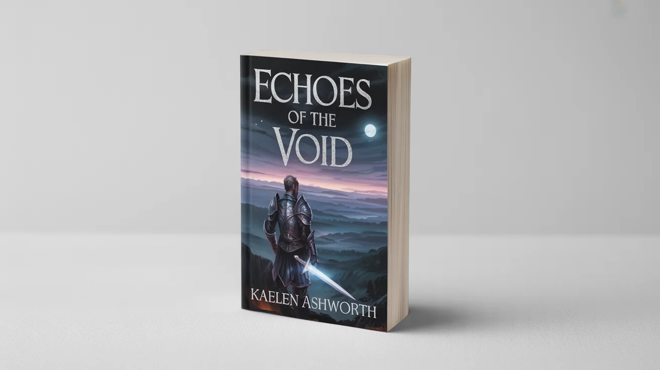A photorealistic mockup of a fantasy paperback book titled 'Echoes of the Void' by Kaelen Ashworth, standing upright on a white background, showcasing its cover and spine.