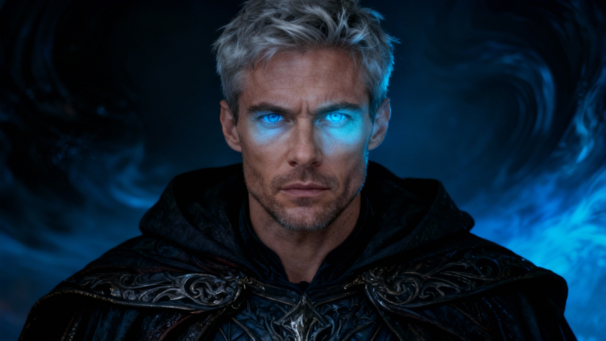 A hyper-realistic portrait of a man with silver hair and a dark cloak, his eyes glowing with a powerful, ethereal blue light against a dark, moody background, demonstrating the final result of a glowing eyes effect.
