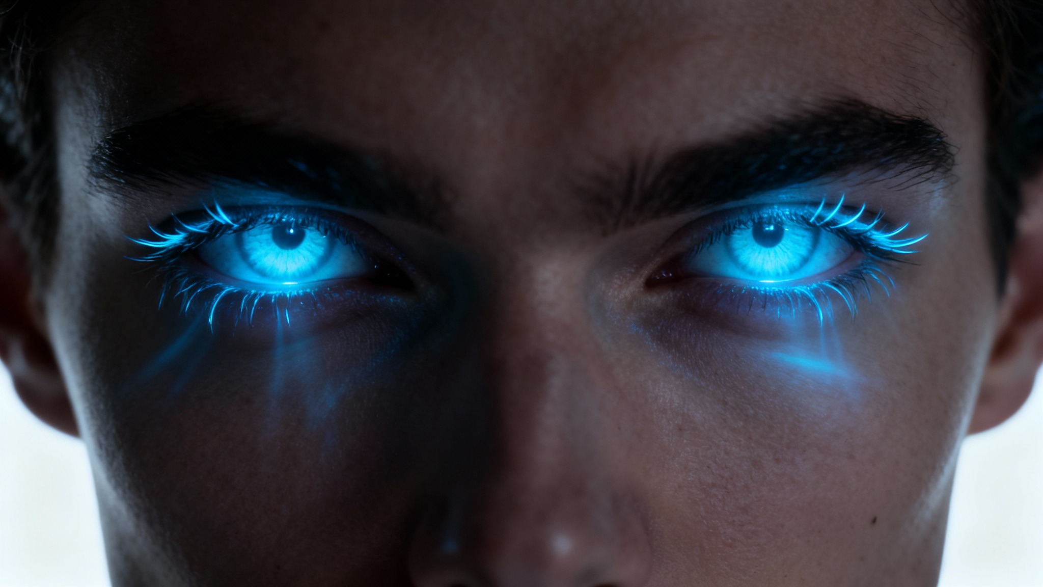 A dramatic close-up photo of a person's face against a white background, with their eyes glowing a vibrant, supernatural blue.
