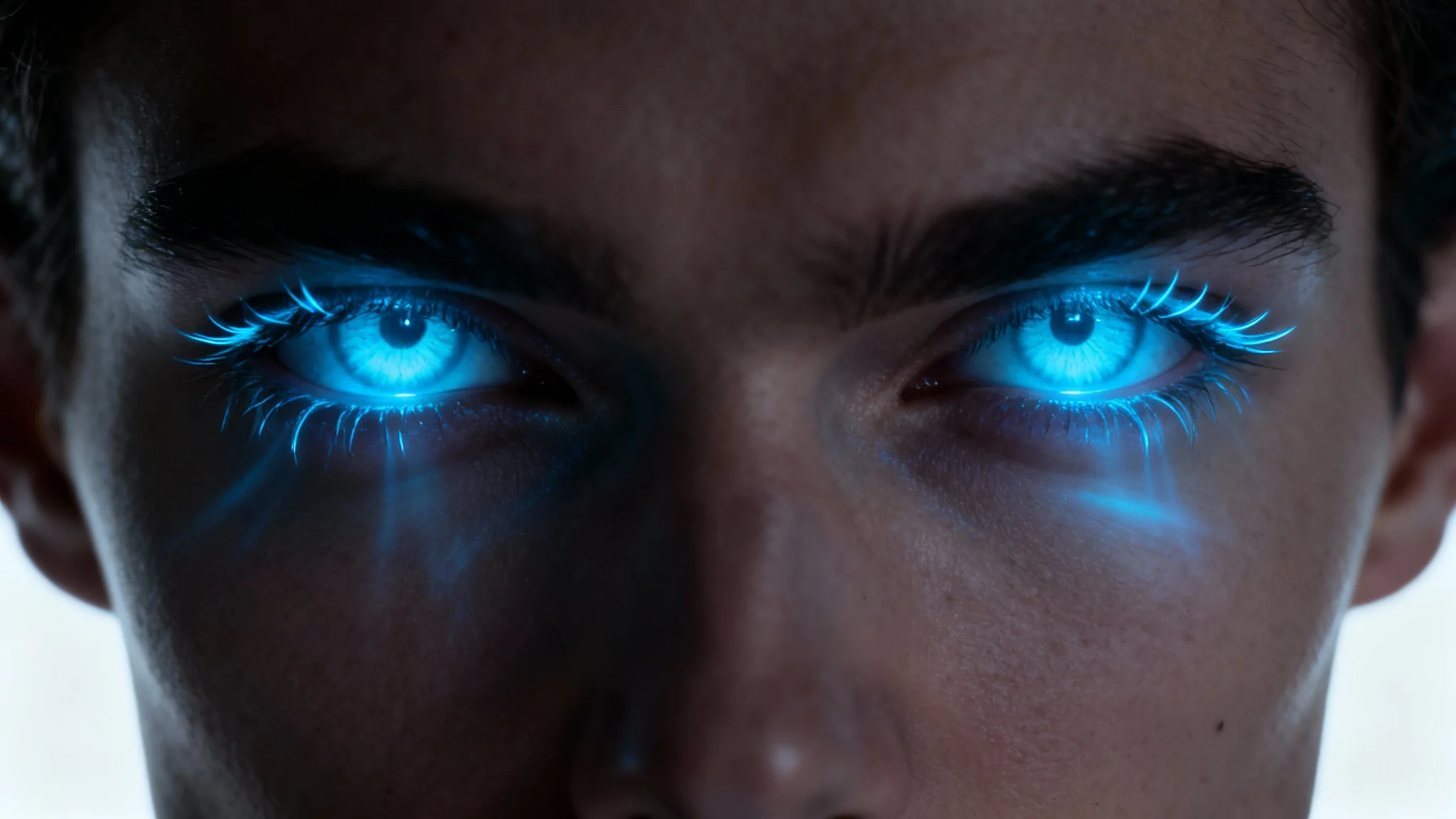 A dramatic close-up photo of a person's face against a white background, with their eyes glowing a vibrant, supernatural blue.