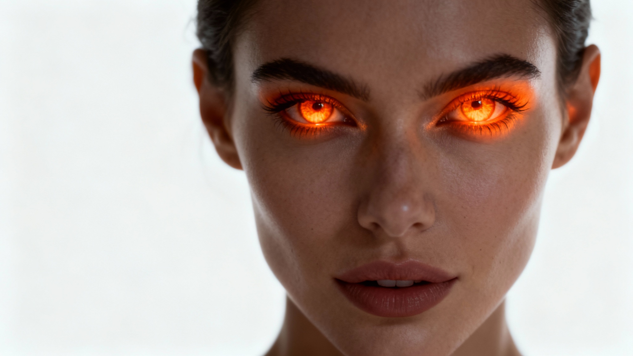 A hyper-realistic close-up photo of a woman's face against a solid white background, with her eyes glowing a powerful fiery orange.