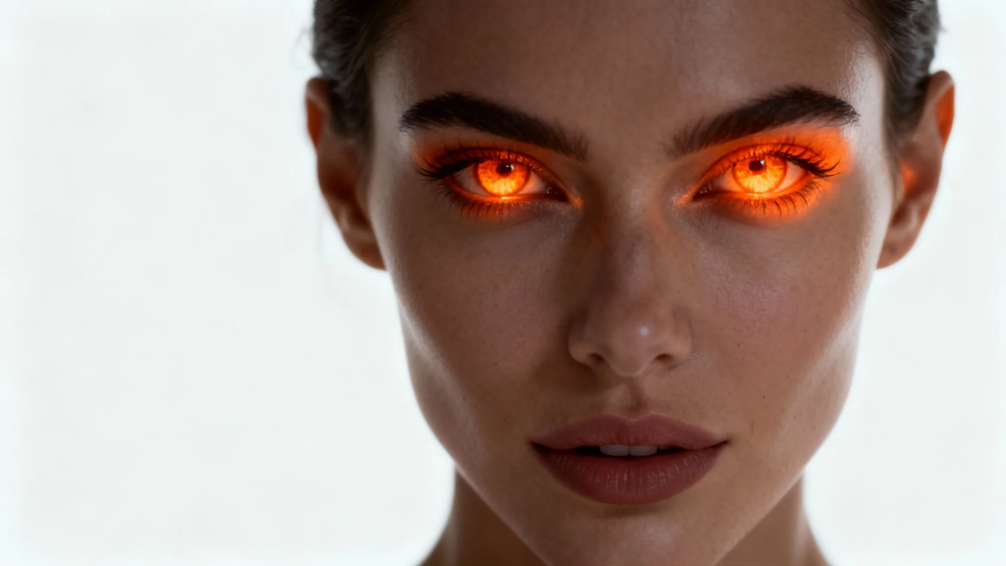 A hyper-realistic close-up photo of a woman's face against a solid white background, with her eyes glowing a powerful fiery orange.