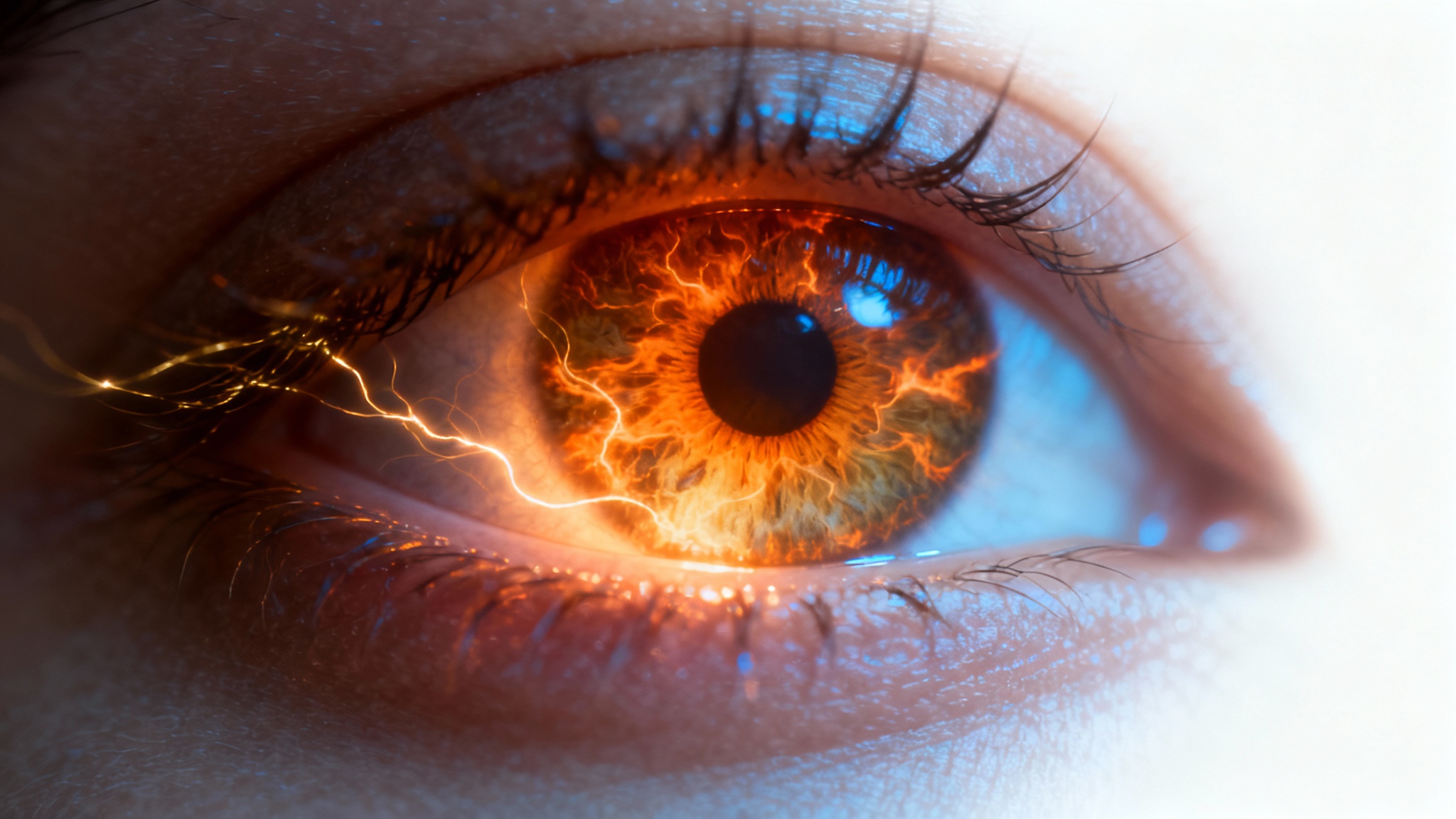 An extreme close-up photograph of a human eye with a fiery orange light glowing intensely from the pupil, set against a plain white background.