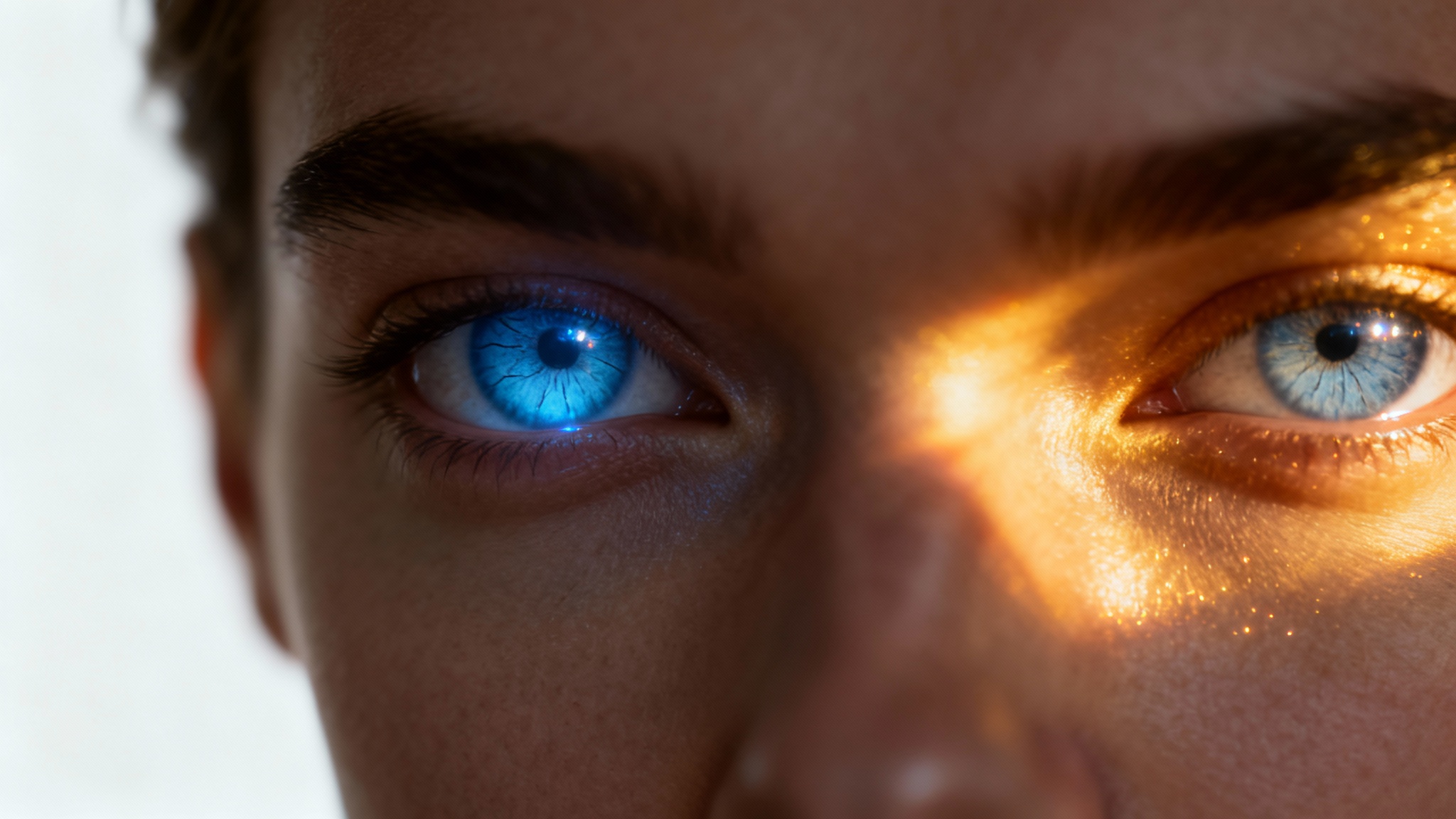A hyper-realistic close-up portrait of a person's face against a white background, with their eyes emitting a vibrant, glowing blue light.
