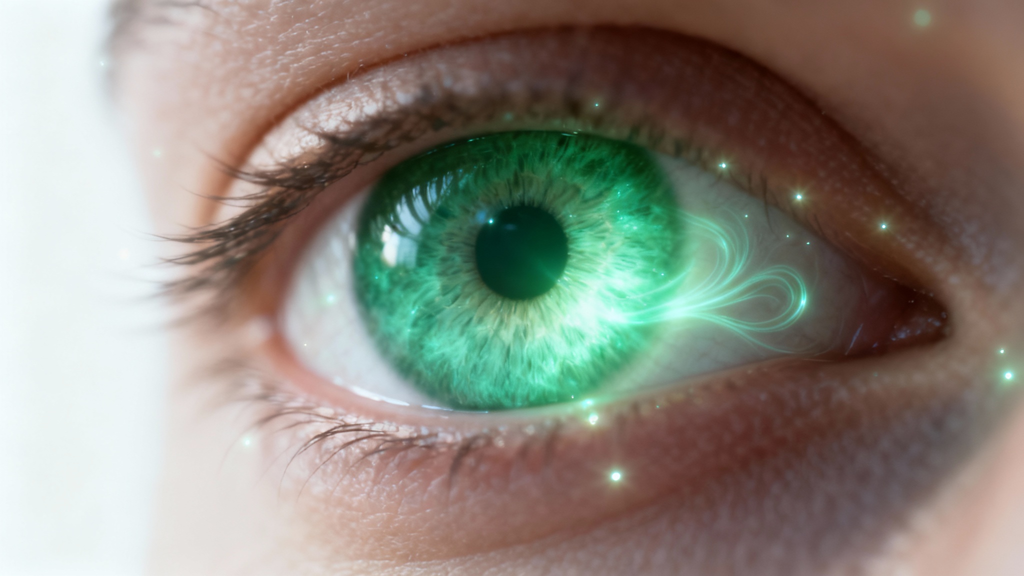 An extreme close-up of a human eye with a glowing emerald green iris, set against a stark white background to emphasize the magical effect.