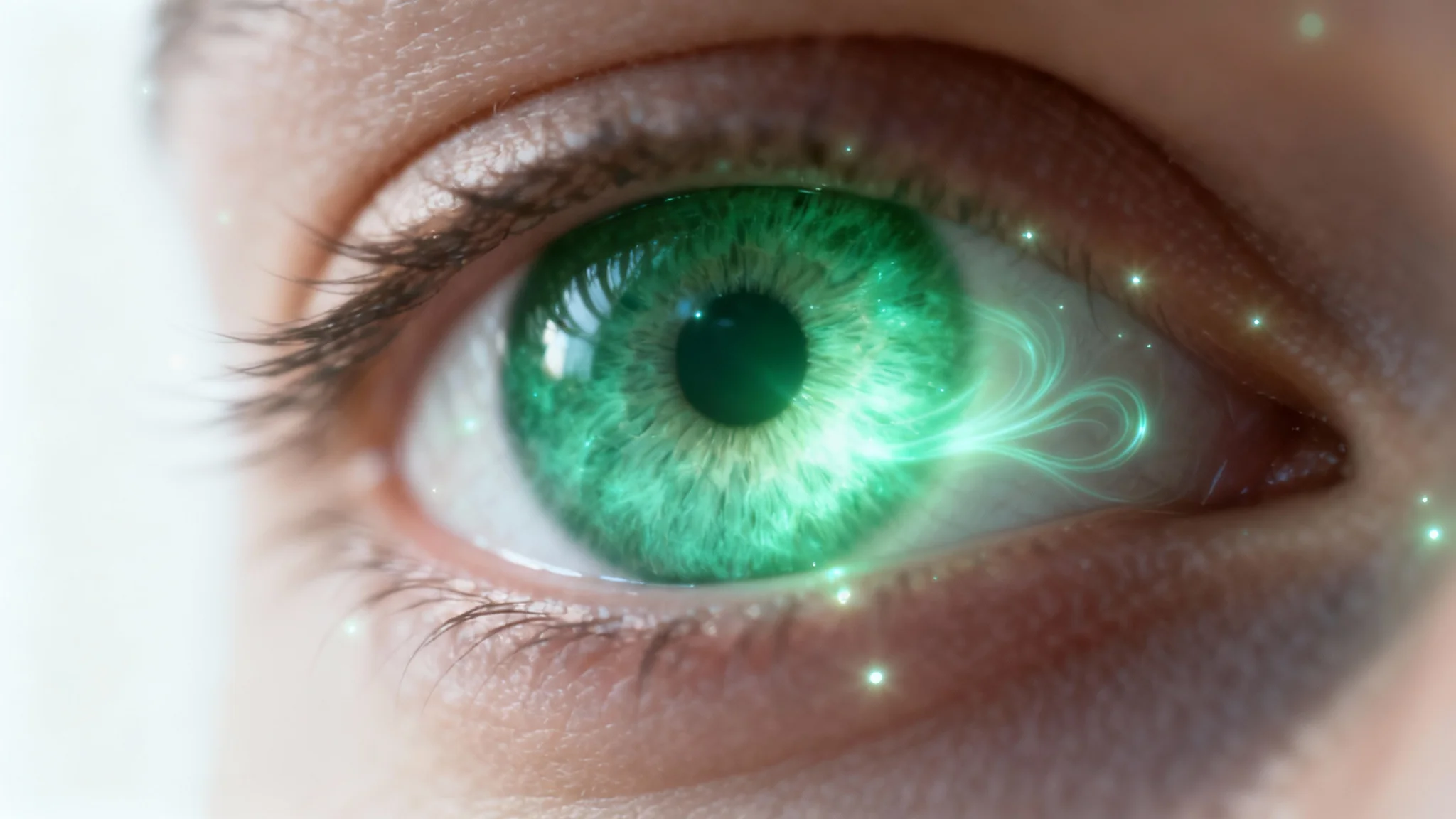 An extreme close-up of a human eye with a glowing emerald green iris, set against a stark white background to emphasize the magical effect.