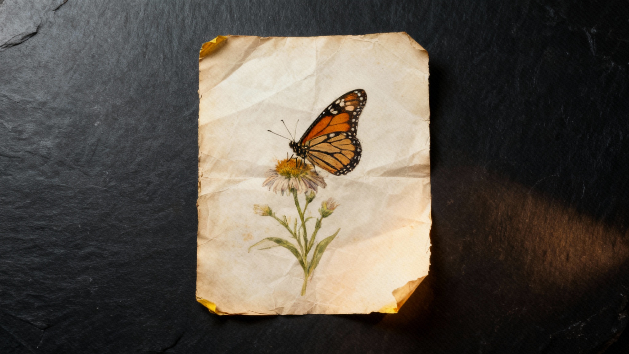 An eye-catching image showcasing a beautiful vintage botanical illustration of a butterfly on a wildflower, printed on paper with an old, textured, and yellowed appearance, representing the final output of an old paper texture effect.