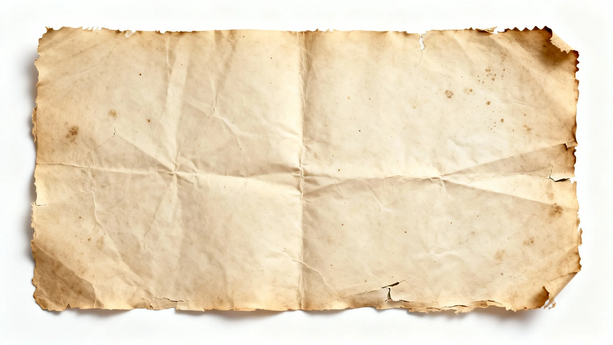 A close-up, top-down view of a single sheet of old, yellowed paper with frayed edges, wrinkles, and light stains, set against a plain white background to highlight its texture.
