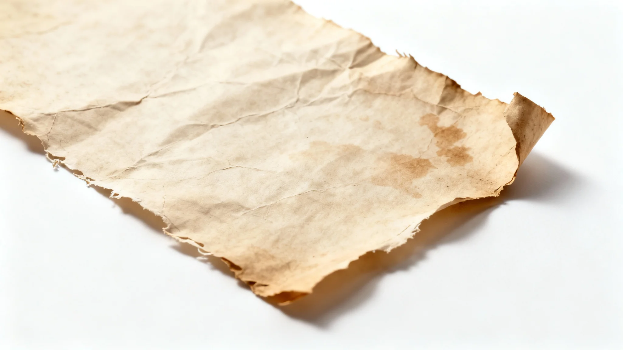 A photorealistic mockup of a single sheet of aged, sepia-toned paper with a detailed fibrous texture, creases, and stains, presented on a clean white background.