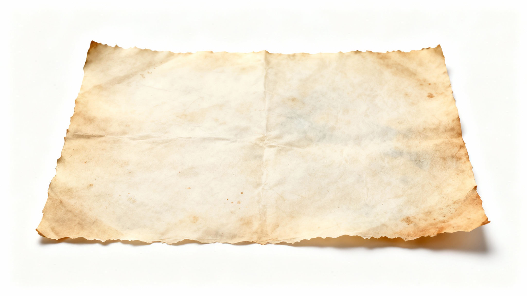 A high-resolution, photorealistic image of a single sheet of old, yellowed paper texture, showing detailed creases and stains, presented on a clean white background.
