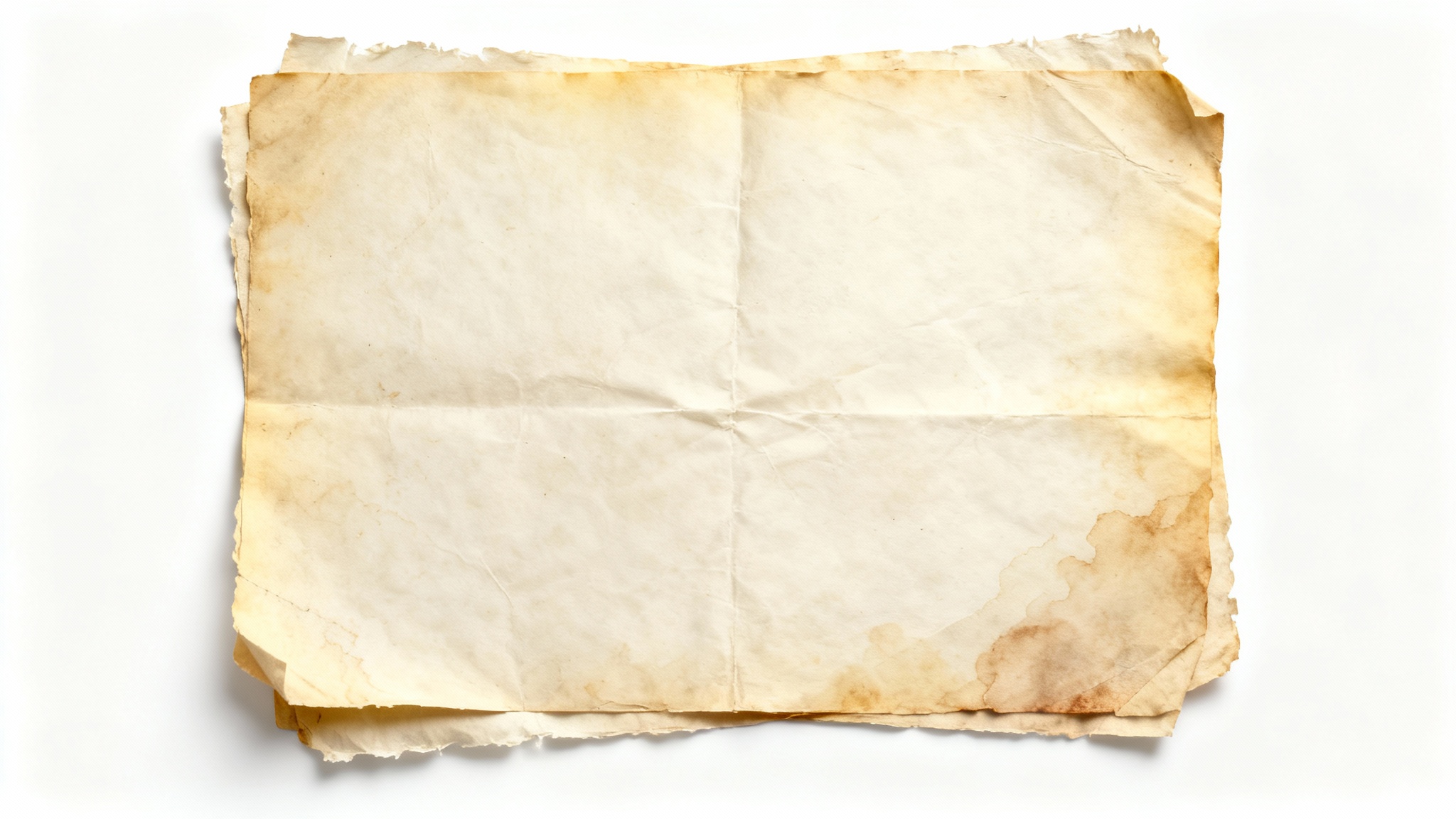 A close-up, top-down photograph of a single sheet of old, yellowed paper with visible creases and water stains, displayed on a clean white background to showcase its vintage texture.