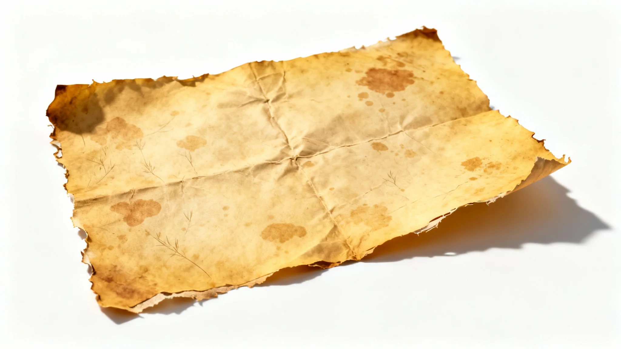 An overhead, detailed photograph of a single sheet of old, yellowed paper. The paper shows visible fibers, creases, and age spots, with a frayed edge, all set against a clean white background.