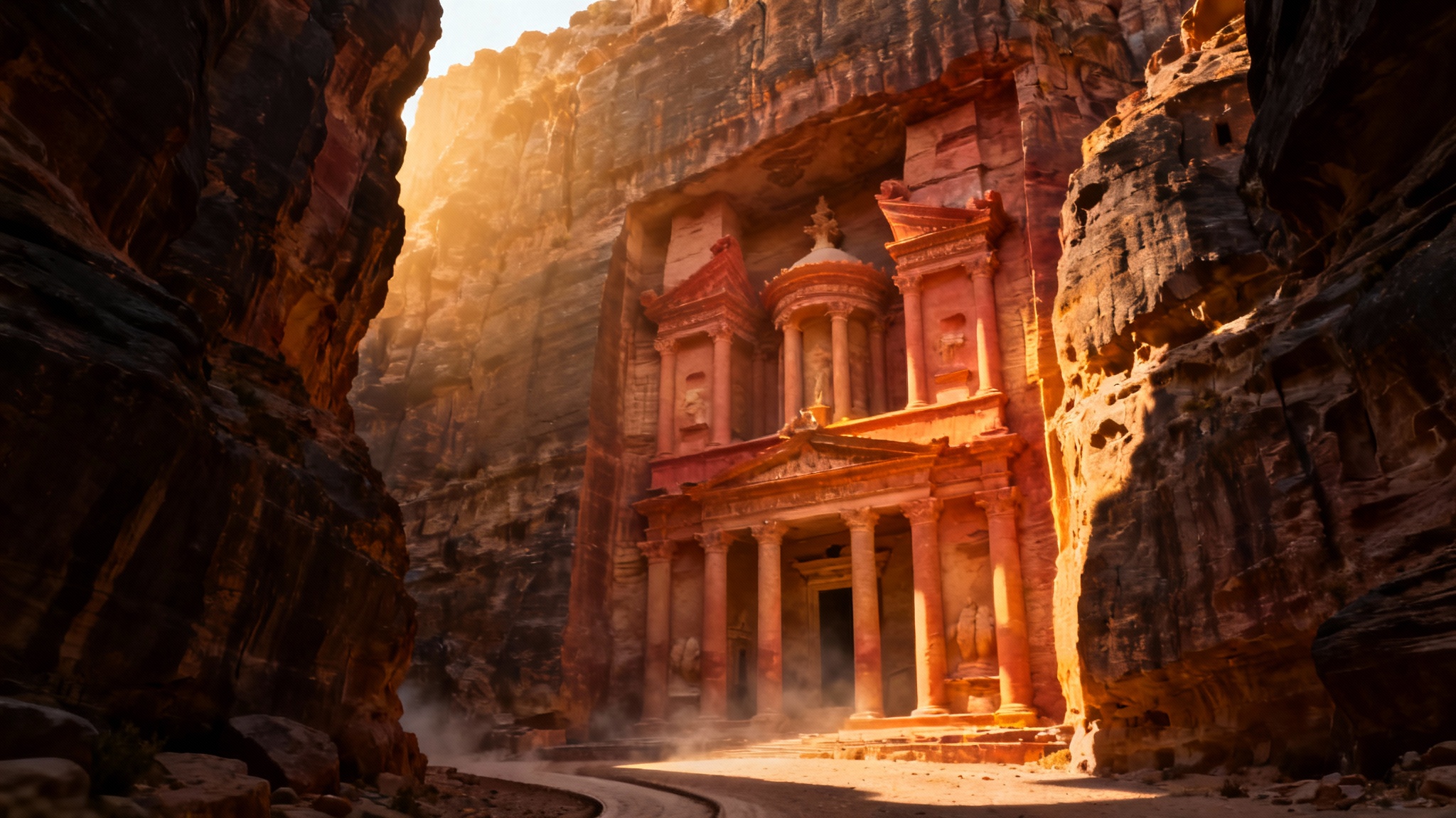 A digital wallpaper mockup of Petra, showing the Treasury's rose-red facade glowing in the sunrise, framed by the dark walls of the Siq canyon, presented against a plain white background.