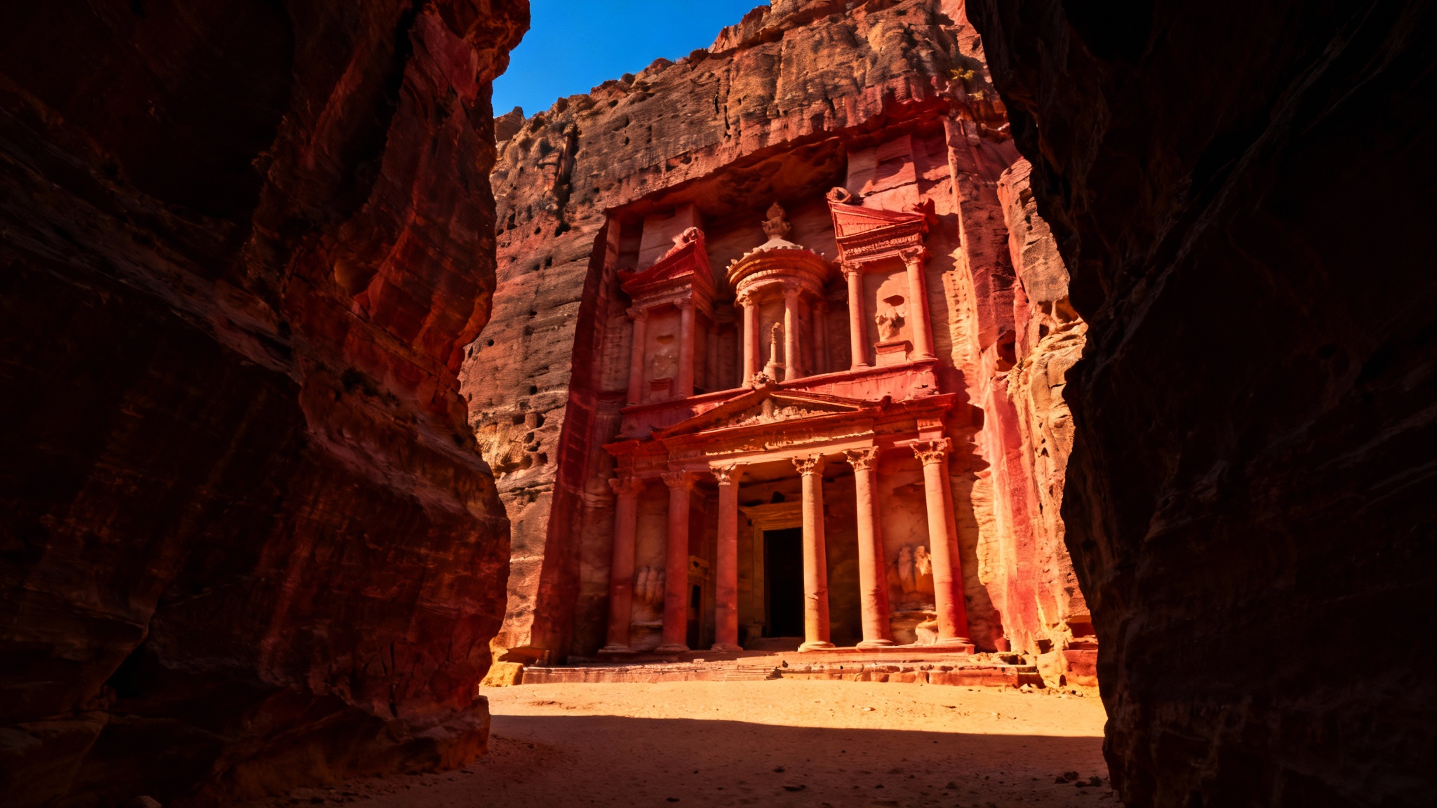 A breathtaking view of the Treasury at Petra, Jordan, its rose-colored facade illuminated by the golden morning sun, as seen from the dark, narrow Siq canyon.