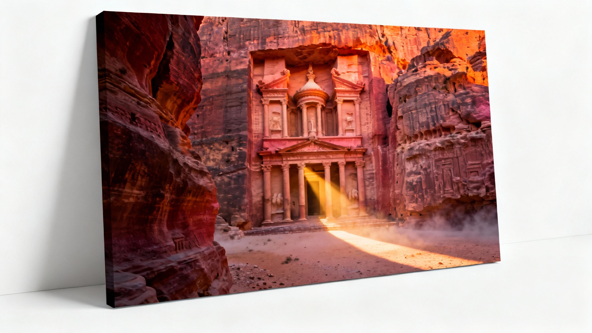 A digital wallpaper mockup showing a photorealistic image of the Treasury at Petra, Jordan. A beam of sunlight illuminates the rose-red facade, set against a clean white background.