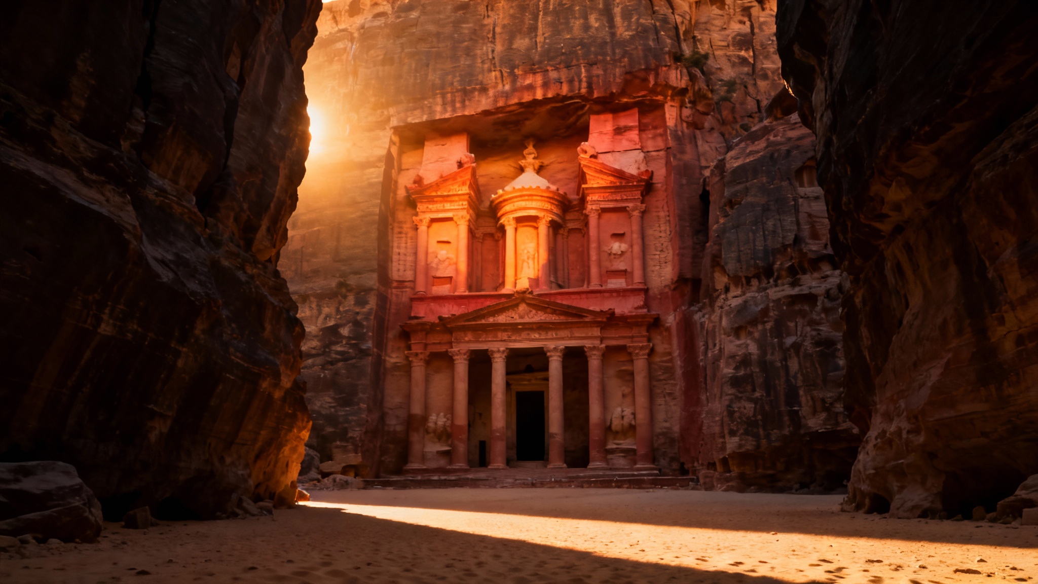 A stunning wallpaper of the Treasury at Petra, Jordan, its rose-red facade glowing in the golden hour light, as seen from the narrow Siq canyon.