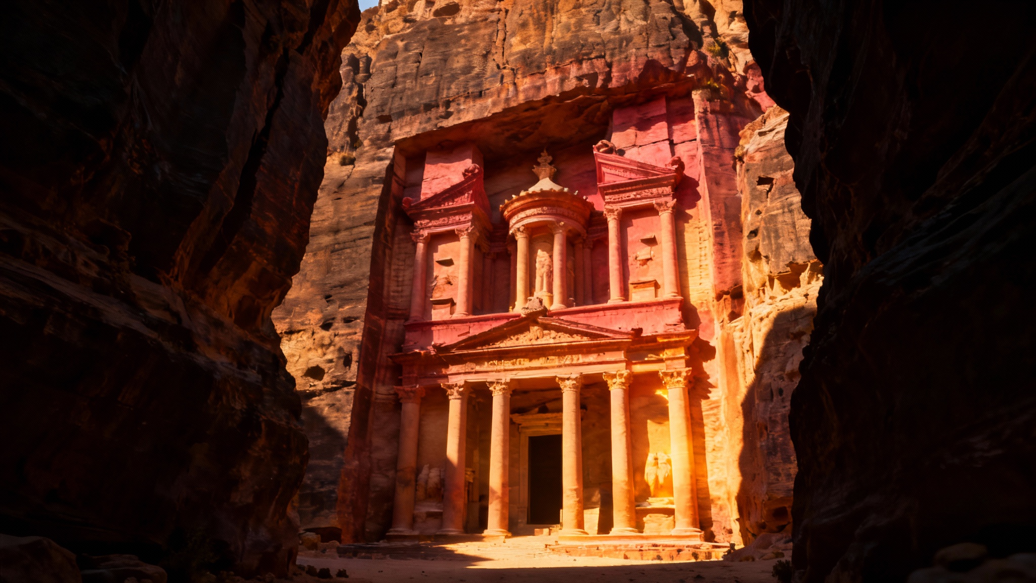 A photorealistic wallpaper depicting the ancient Treasury at Petra, Jordan, bathed in the warm light of the golden hour as seen from the Siq canyon.